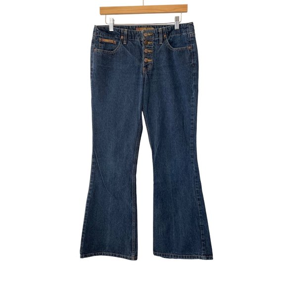 vtg y2k LEI Womens 9 Flare Denim Jeans Dark Wash Exposed Button Fly 100% Cotton - Picture 1 of 16